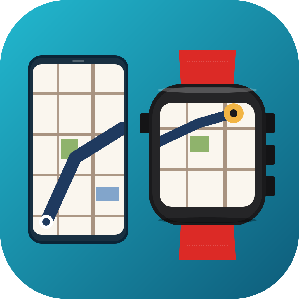 MirrorMap Dash icon — illustration of a phone and Pebble watch showing matching maps
