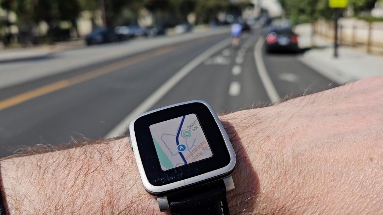 MirrorMap on a Pebble along a curving bike lane, light map theme