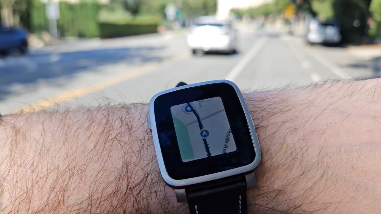 MirrorMap navigating on a Pebble on a tree-lined street